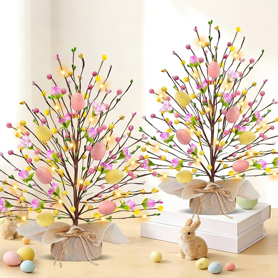 2 Pack & Timer - Easter Decorations, 18 Inch Lighted Easter Tree Tabletop with 20 LED Warm White ... | Amazon (US)