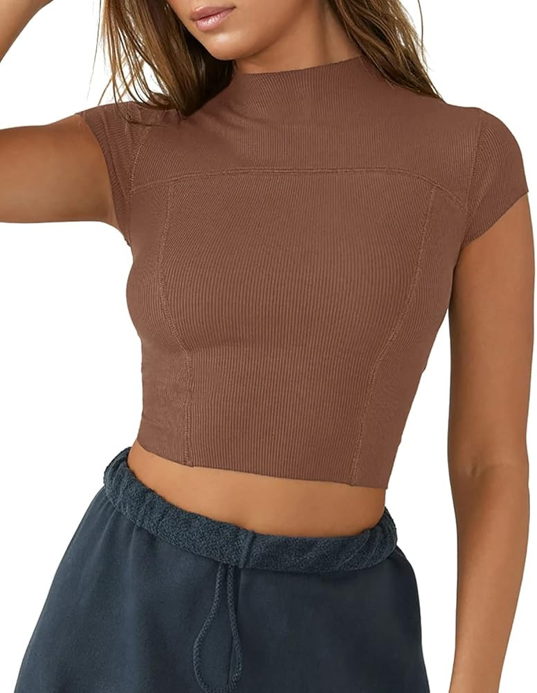 LASLULU Womens Short Sleeve Workout Top Seamless Mock Neck Cropped Athletic Shirts Summer Ribbed ... | Amazon (US)