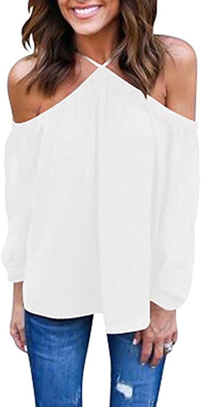 Vemvan Women's Spaghetti Halter Off The Shoulder Blouse Long Sleeve Shirt Tops | Amazon (US)