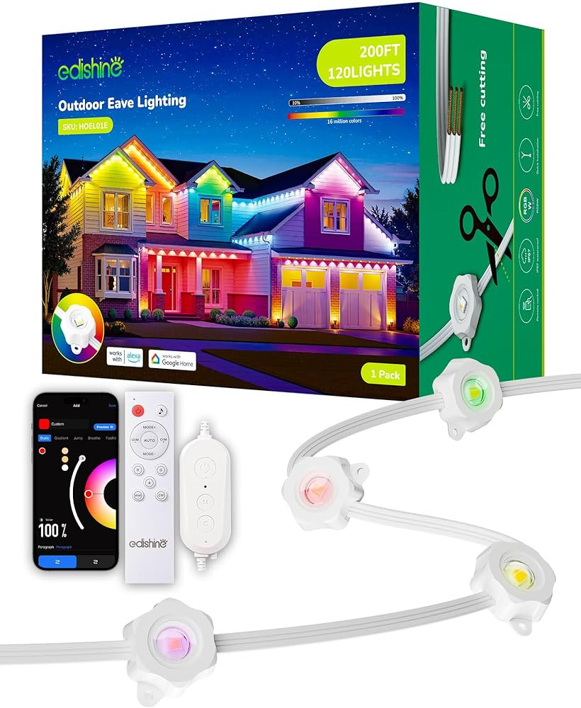 EDISHINE 200FT Cuttable Permanent Outdoor Christmas Lights PRO, 120 LED Smart RGB+IC+Warm White E... | Amazon (US)