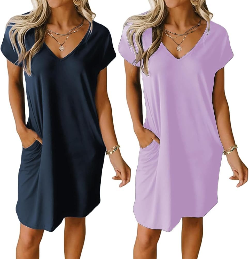 Ekouaer Womens 2 Pack Nightgown V Neck Sleepshirt Short Sleeve Nightshirt Plain/Floral Pajama Dre... | Amazon (US)