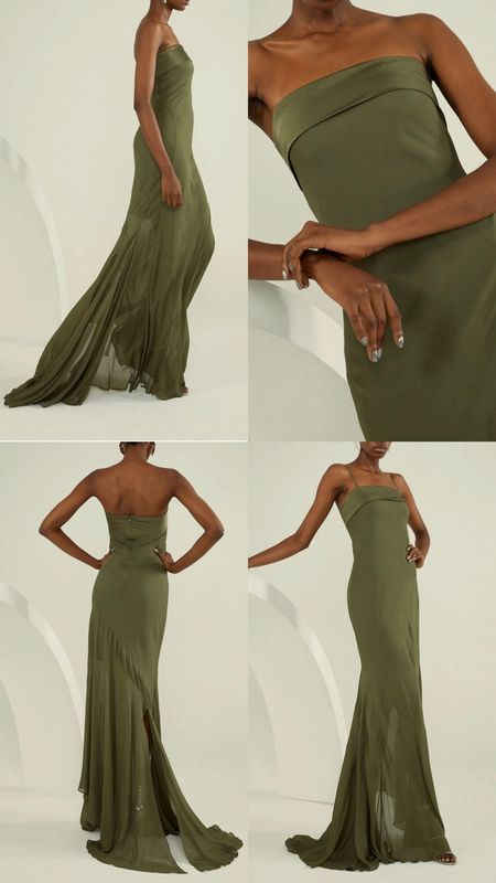 Cocktail dress. Khaki green Bandeau Sheer Woven Maxi Dress. On sale! Under £100. Events dress, spring, date night out, brunch outfit, baby shower. Affordable fashion.  Designer dress. Wardrobe staple. Timeless. Gift guide idea for her. Luxury, elegant, clean aesthetic, chic look, feminine fashion, trendy look, special occasion. Karen Miller outfit idea. 

#LTKsalealert #LTKfindsunder100 #LTKparties