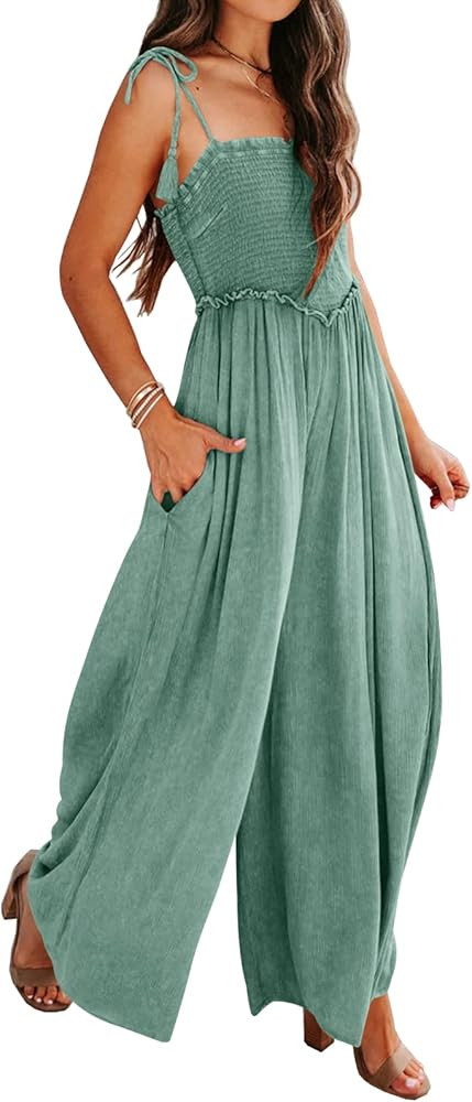 DEEP SELF Women's Summer Sleeveless Jumpsuits Spaghetti Strap Square Collar Smocked Wide Leg Jump... | Amazon (US)