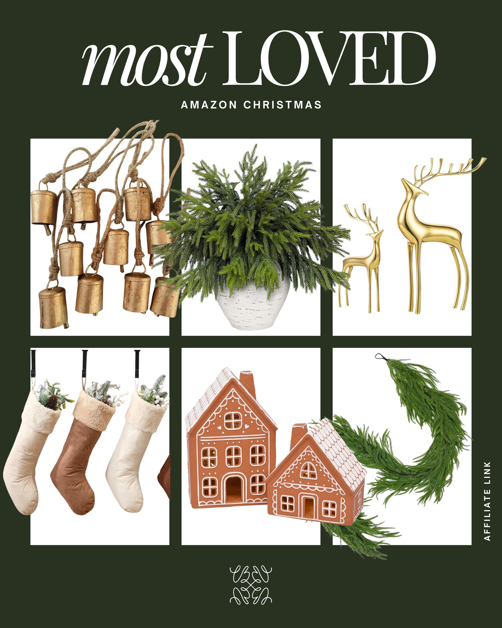 ✨Most Loved Amazon Christmas Finds✨
Little touches that make the season feel cozy and magical — brass bells, soft sherpa stockings, gingerbread houses that glow, and that perfectly realistic greenery I use everywhere. Each one is a favorite for creating those warm, twinkly moments at home. 🌲

You can find everything linked in my Amazon storefront 💫

#amazonhome #christmasdecor #neutralchristmas #cozyhome #holidaystyle #mostloved 

 #LTKSeasonal #LTKHome #LTKStyleTip