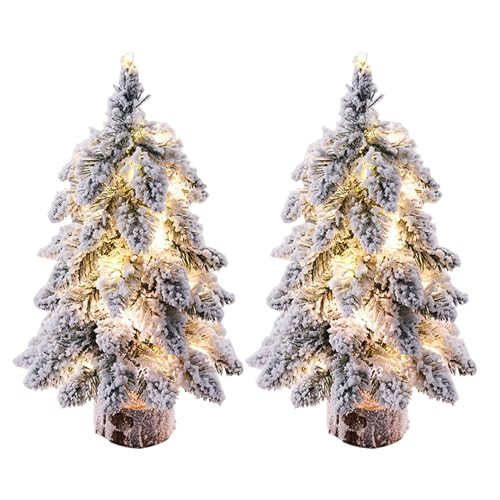 2Pcs Prelit Tabletop Christmas Tree, 18 Inch Snow Flocke Artificial Pine Xmas Tree with Lights, Desktop Christmas Tree with Wood Base for Home Fireplace Mantel Xmas Decor | Amazon (US)