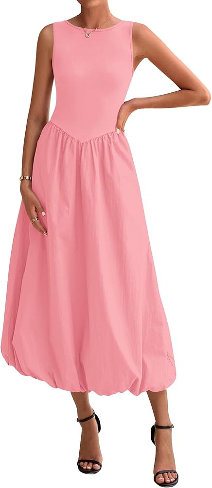 BTFBM Women's 2026 Summer Casual Sleeveless Midi Dress Patchwork Knit Tank Bubble Long Flowy Beac... | Amazon (US)