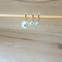 Gold Set Of 3 Blue Evil Eye Hoop Clip On Earrings, Non Pierced Dangle & Drop Minimalist Gift For Her | Etsy (US)