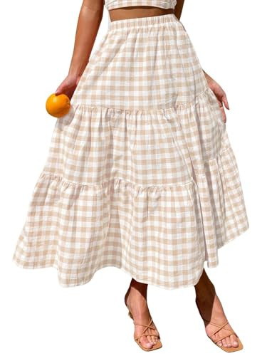 ebossy Women's Candy Color Slim Fit Elastic High Waist Plaid Gingham Tiered Flowy Boho Maxi Skirt... | Amazon (US)