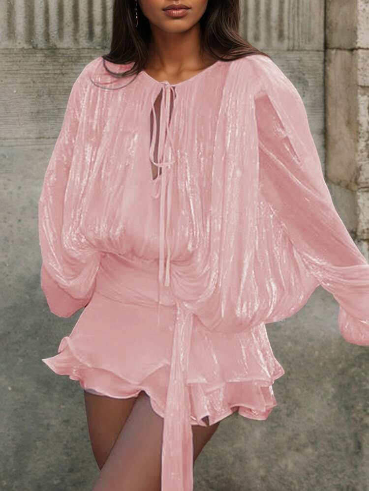 Millennium Style Tie-Up Ruffle Collar Double-Layer Flounce Lantern Sleeve Shirt Dress, Does Not I... | SHEIN