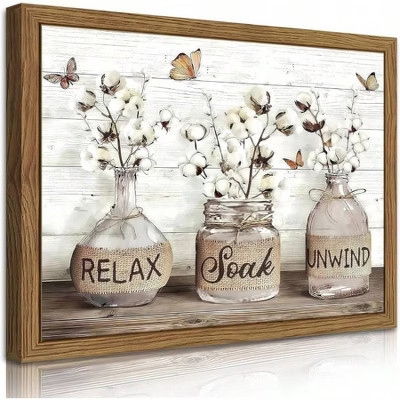 Farmhouse Bathroom Decor Wall Art Framed Rustic Cotton Canvas Painting Dark Wood Frame 12x16in Modern Country Relax Brown standard | Target