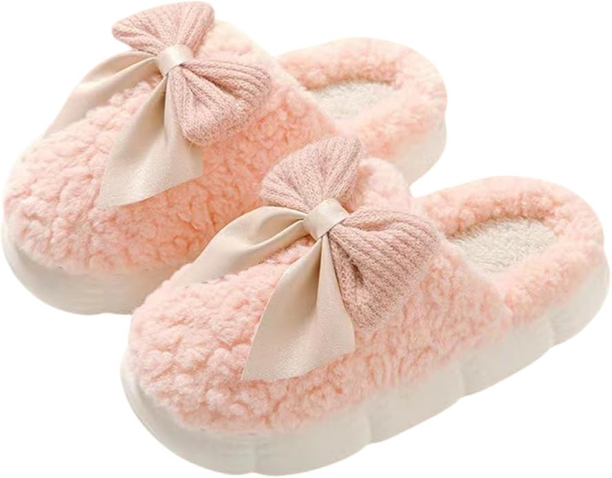 Plush Cute Bow Slippers for Women – Furry Comfy Indoor Outdoor Non-Slip House Slippers | Amazon (US)