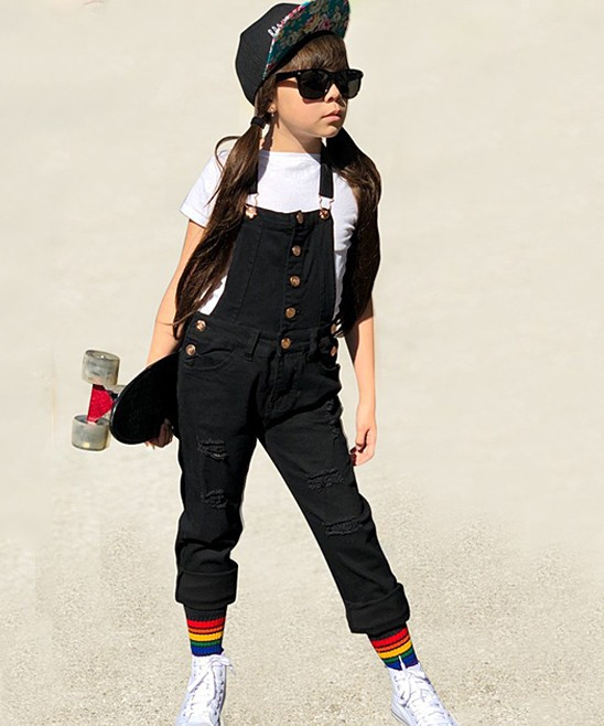 Cutie Patootie Girls' Overalls Black - Black Wash Distressed Button-Accent Denim Overalls - Girls | Zulily