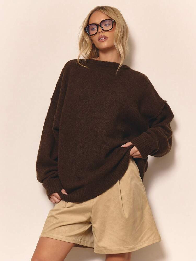 MUSERA Fluffy Knit Oversized Seam Detail Crew Neck Jumper Winter Loungewear Cosy Work Cute Elegant Casual Elegant Spring Sweater Vacation | SHEIN