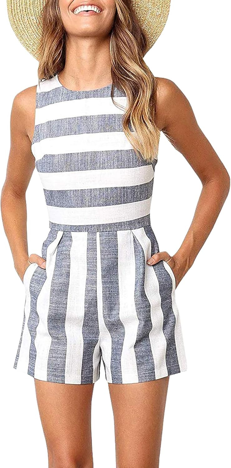 Avanova Women Striped Jumpsuit Sleeveless Short Pants Casual Printed Romper with Pockets | Amazon (US)