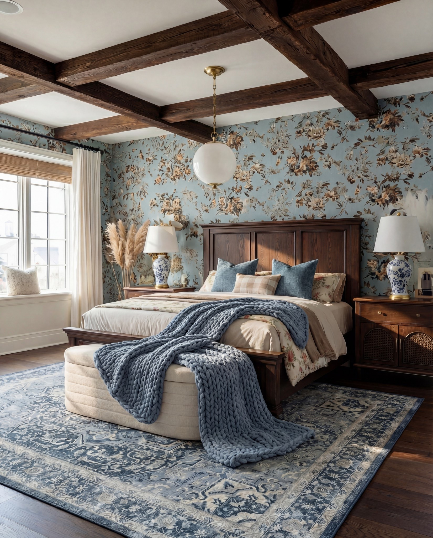 Shop the Look:
• Blue floral wallpaper
• Dark wood bed frame
• Chunky knit blue throw
• Blue patterned area rug
• Cream upholstered ribbed bench
• Blue + cream accent pillows
• Chinoiserie-style blue ceramic table lamps
• Pampas stems for softness
White decor books
Brown decor beads 

#LTKFindsUnder100 #LTKSaleAlert #LTKHome
