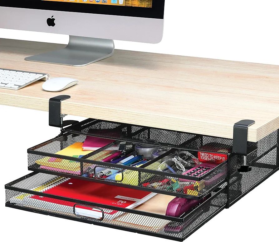 Under Desk Drawer Organizer Clamp-On, Mesh Metal Desk Drawer Attachment, 2 Drawer Slide Out, On D... | Amazon (US)