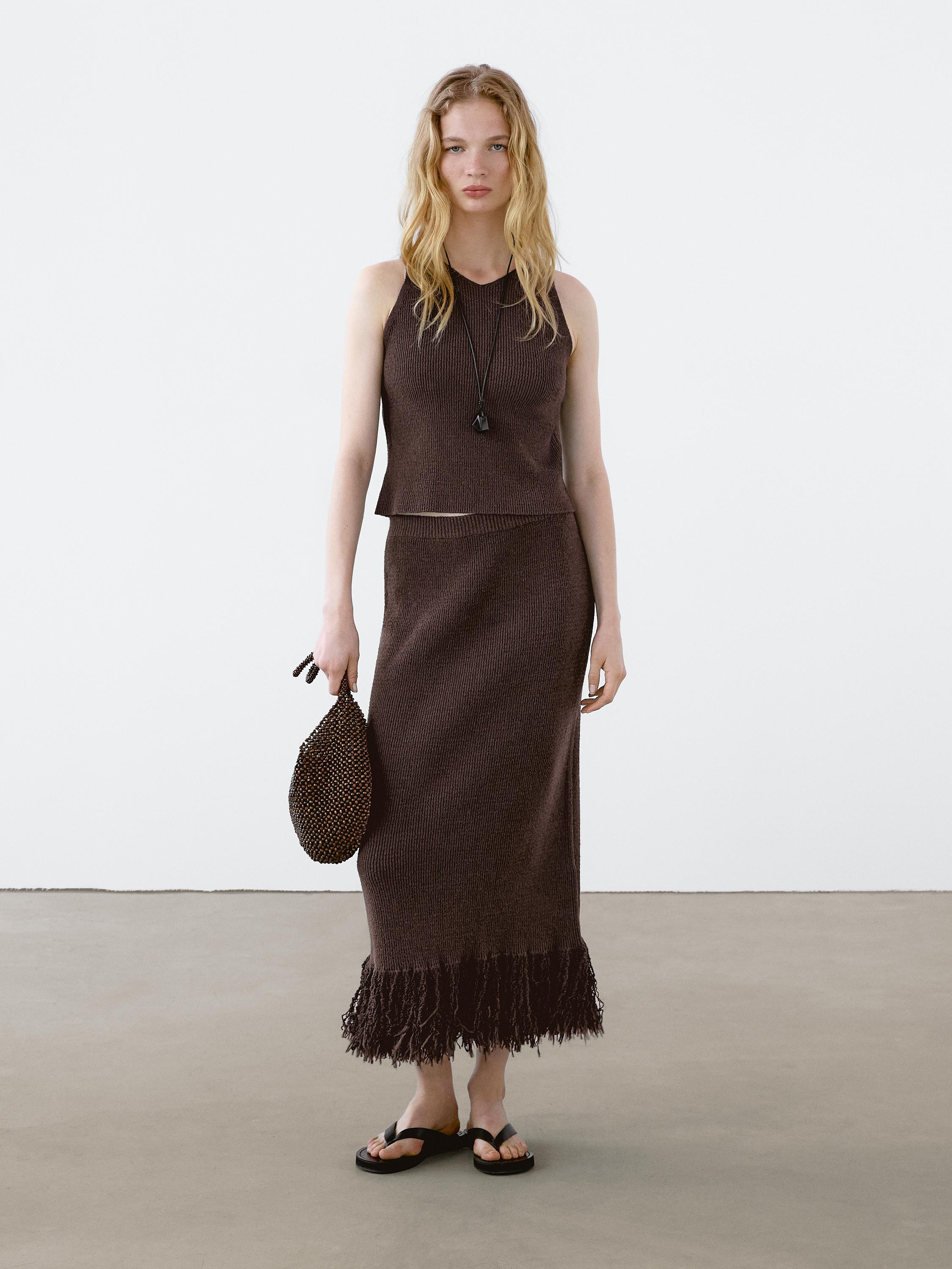 Long knit skirt with fringed hem | Massimo Dutti UK