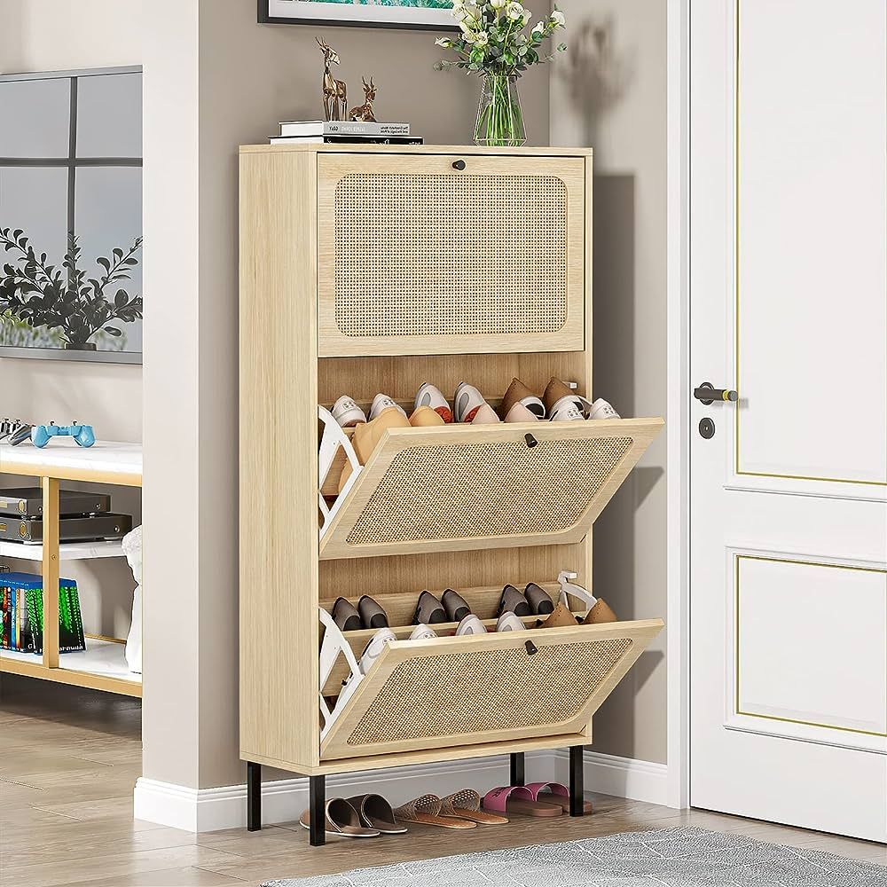 Sweiko 3 Flip Drawer Shoe Cabinet Natural Rattan Shoe Cabinet Organizer Freestanding Wooden Shoe ... | Amazon (US)