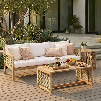 TIRAMISUBEST 3-Piece Patio Conversation Set, Outdoor Acacia Wood 3-Seater Sofa Set with 2 Coffee Tables for Garden, Backyard, Poolside | Target