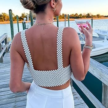 Women Pearl Top Sexy Pearl Bralette Cami Vest V Neck Spaghetti Strap Sleeveless Backless Camisole Su | Amazon (US)