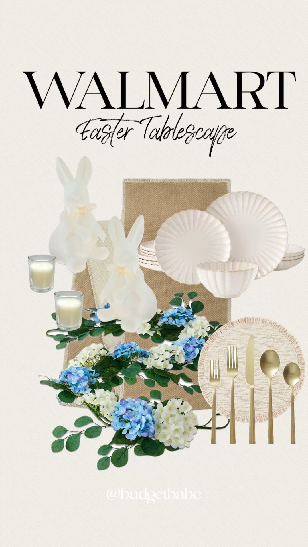 Elegant and festive spring tablescape for Easter! One of my favorite hacks is to use a garland on top of a runner and then nestle seasonal figurines and votive candles throughout for a beautiful and simple tablescape. #easter hosting decor decorations centerpiece home finds 