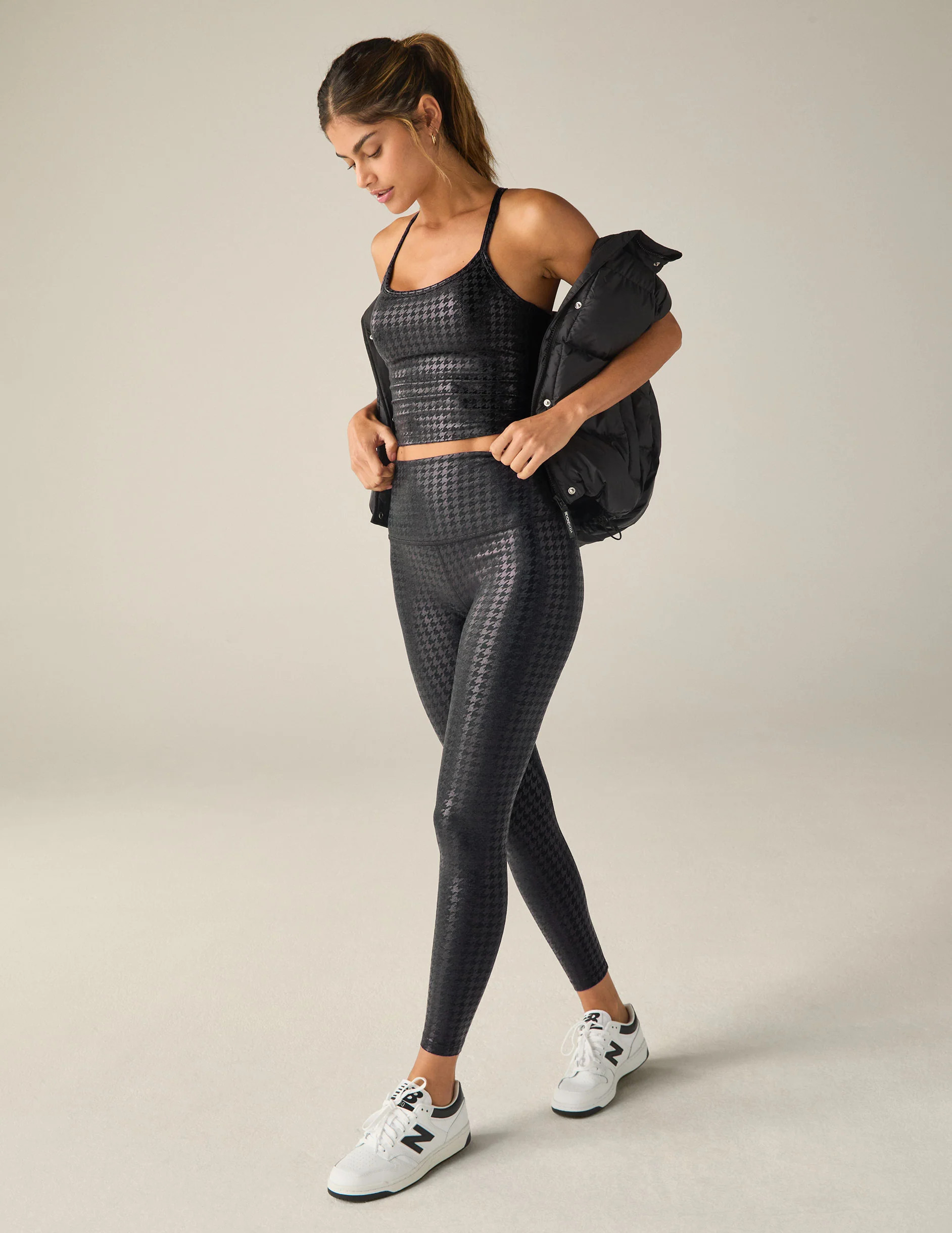 Houndstooth Black Slim Racerback High Cropped Tank | Beyond Yoga | Beyond Yoga
