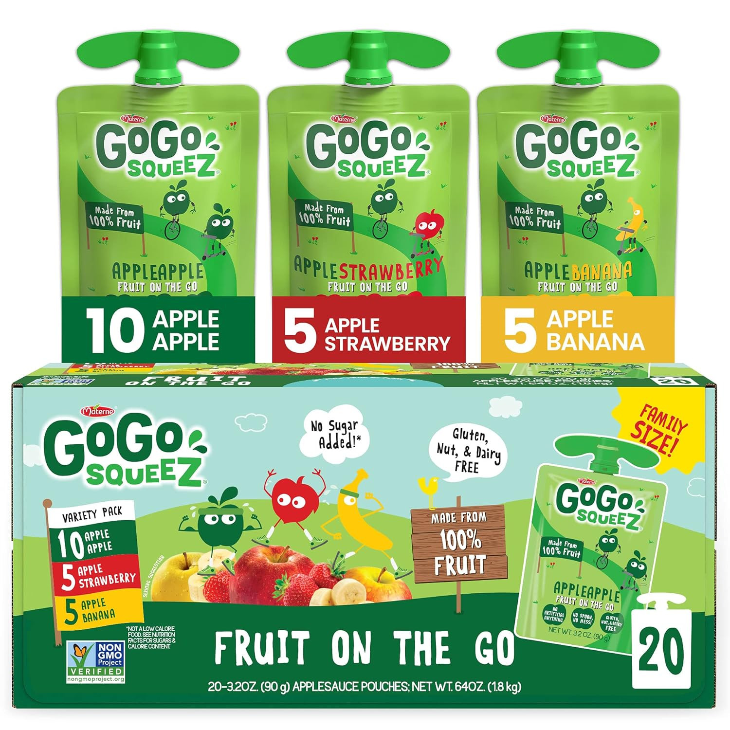 GoGo squeeZ Fruit on the Go Variety Pack, Apple, Banana & Strawberry, 3.2 oz (Pack of 20), Unswee... | Amazon (US)