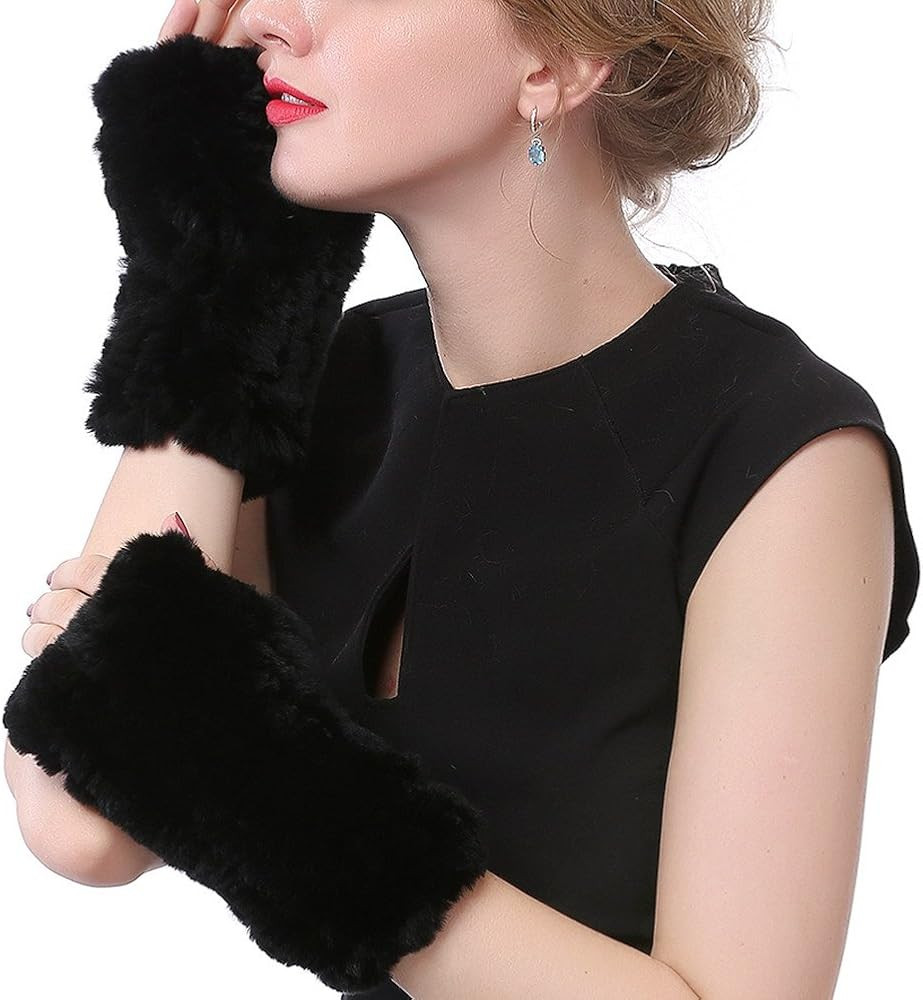 Valpeak Womens Rabbit Fur Winter Mittens Knitted Fingerless Gloves | Amazon (US)