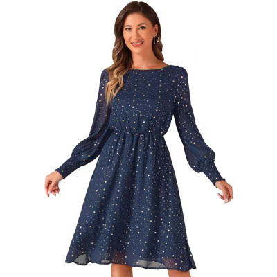INSPIRE CHIC Women's Puff Long Sleeve Elastic Waist Glitter Stars Boat Neck Mesh Dress Dark Blue Large | Target