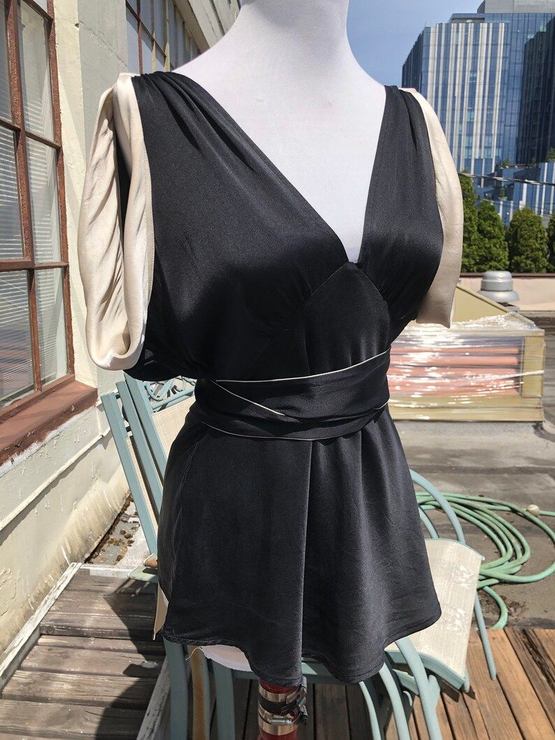 1930s 20s Insp Silk Satin Black Ivory Blouse Top sz 4 S Rolled Sleeveless Empire Bust Tie Wrap Ba... | Etsy (US)