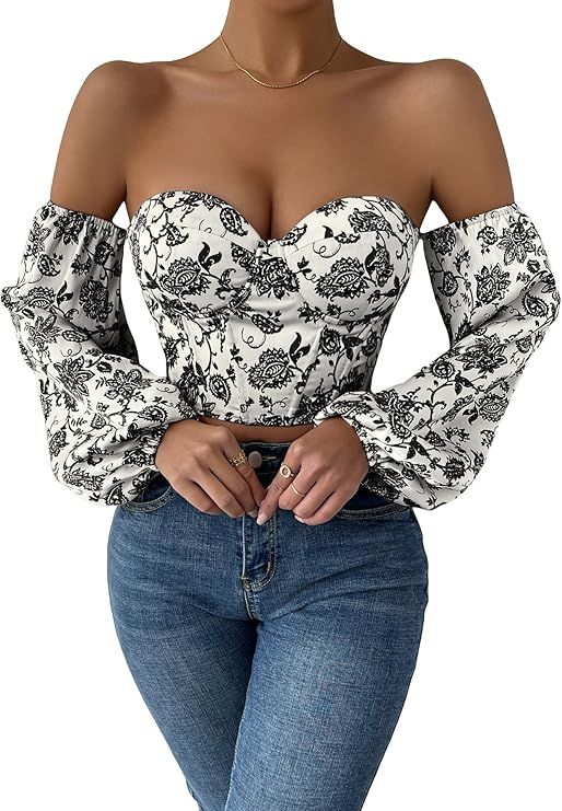 Floerns Women's Off Shoulder Long Sleeve Lace Up Back Bandeau Bustie Crop Corset Top | Amazon (US)