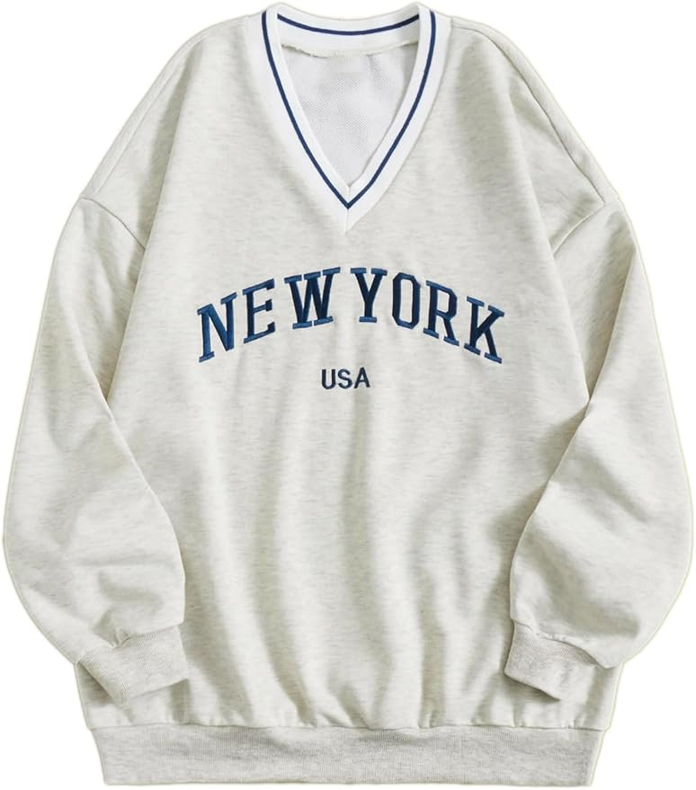 Remidoo Womens New York Oversized V Neck Sweatshirt Yankee Long Sleeve Tops | Amazon (US)