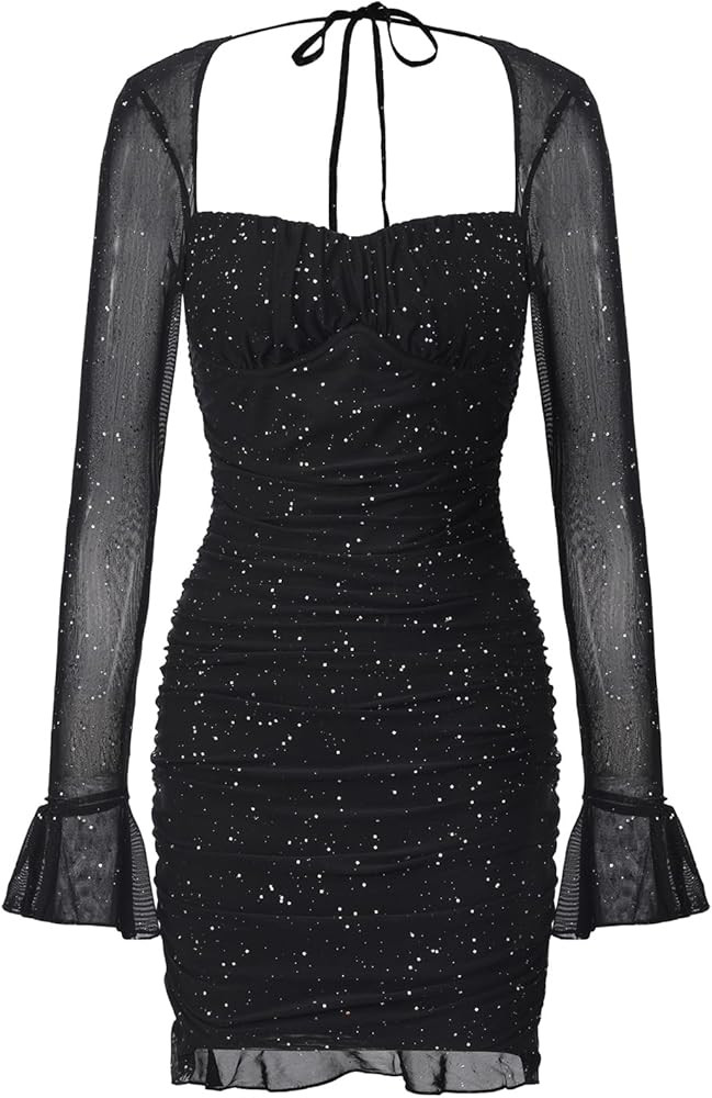 Womens Sheer Long Sleeve Sequin Mini Dress Bodycon Ruched Mesh Dresses | Amazon (US)