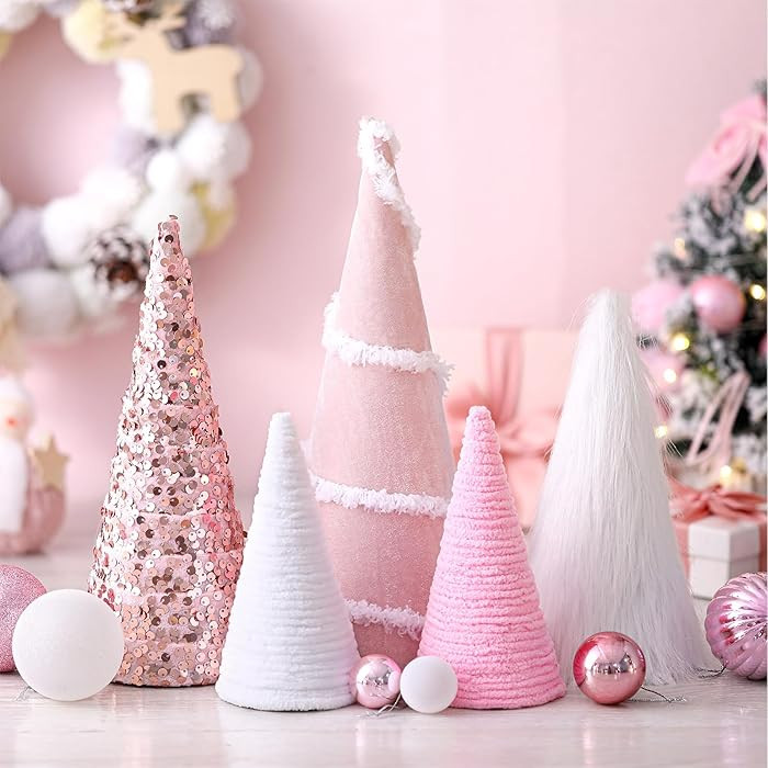 Marsui Set of 6 Valentine's Day Table Decor Pink White Cone Valentine's Day Trees with Velvet Gli... | Amazon (US)