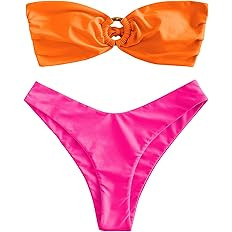 ZAFUL Women's Bandeau Bikini O Ring Strapless Tie Back High Cut Two Piece Swimsuit Bathing Suits | Amazon (US)