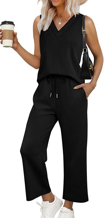 WIHOLL Two Piece Sets for Women Summer Outfits Matching Lounge Sets Wide Leg Crop Pants Vacation ... | Amazon (US)