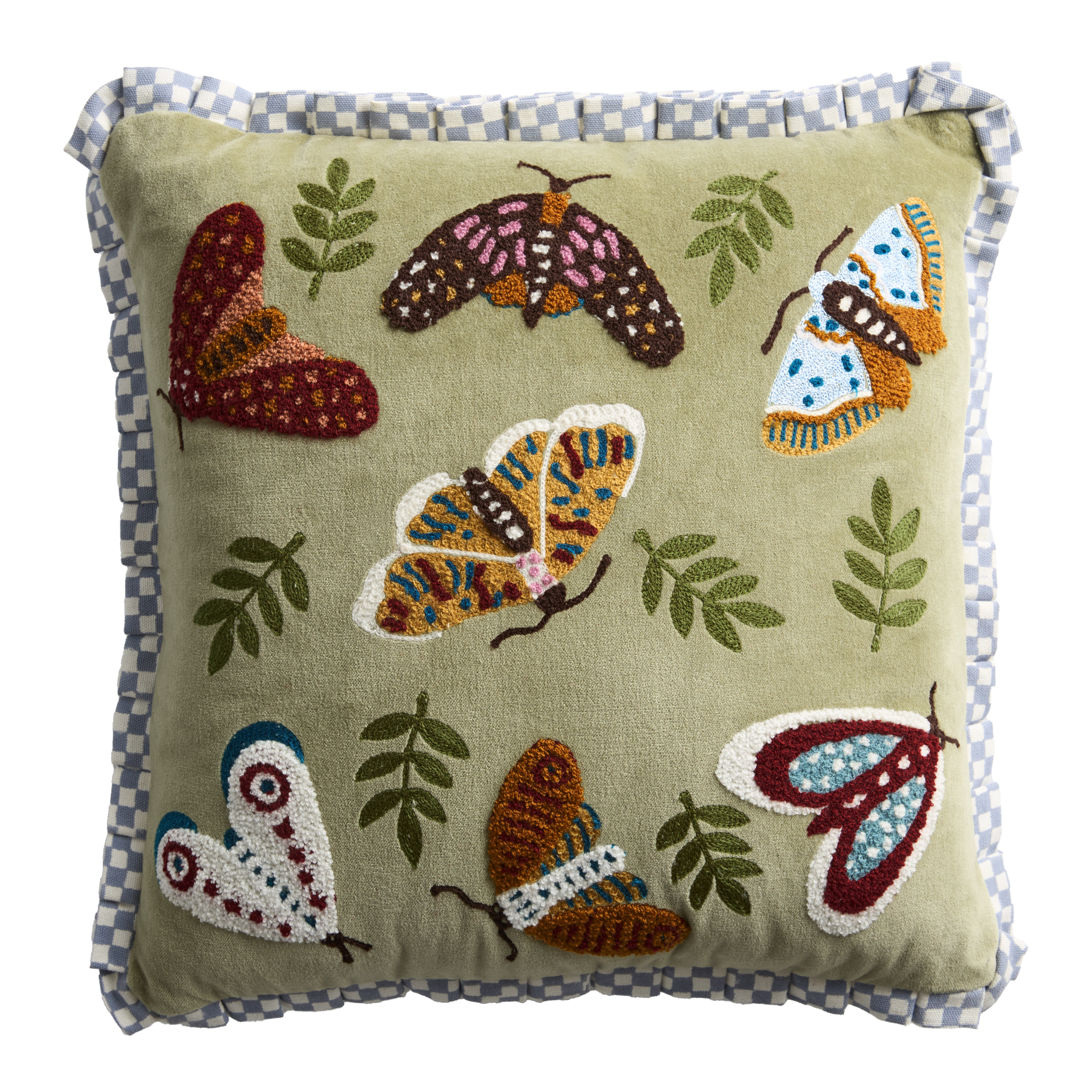 Sage Green Velvet Moths Ruffle Embroidered Throw Pillow | World Market