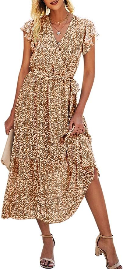 Lovinchic Women's Casual V Neck Maxi Dress Flowy Button Down Long Dress | Amazon (US)