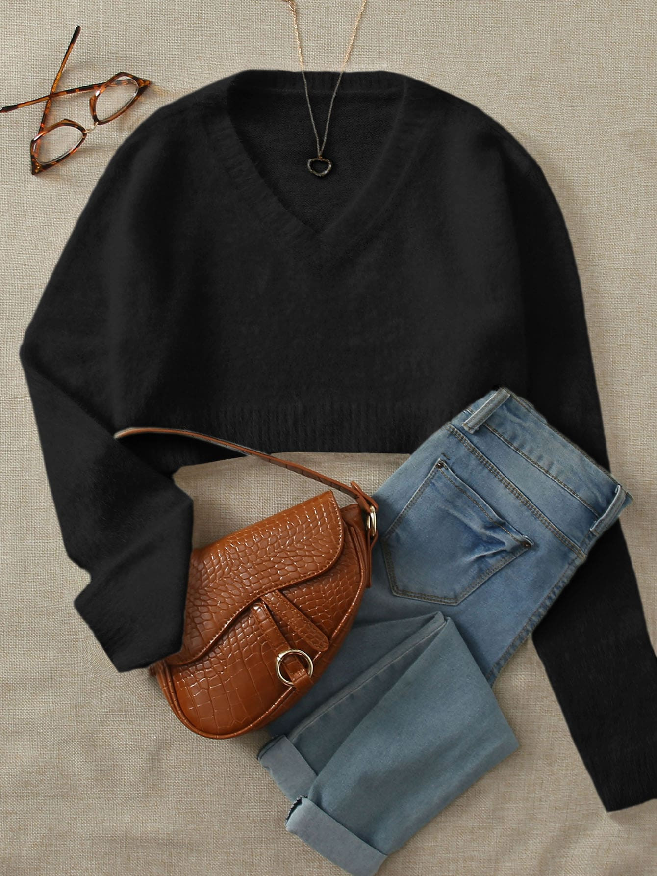 SHEIN V-neck Fuzzy Crop Sweater | SHEIN