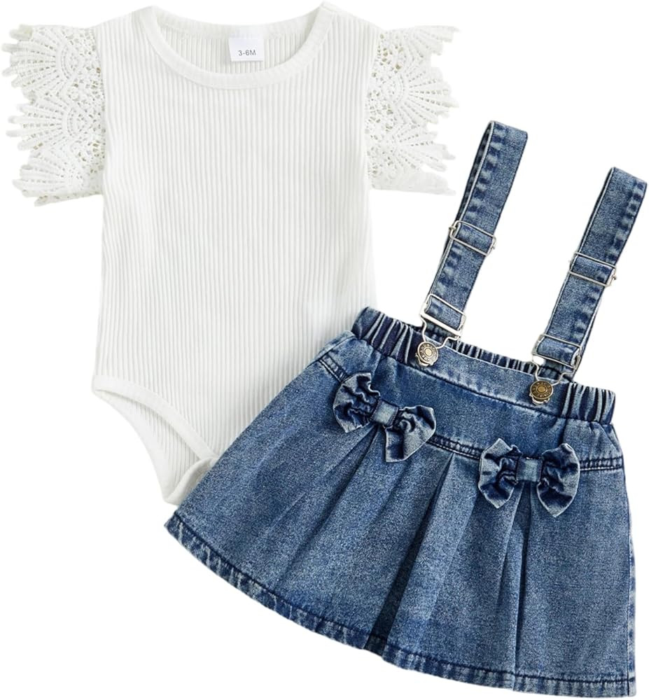 Newborn Baby Girl Jean Outfit Lace Short Sleeve Ribbed Romper Suspender Skirt Denim Overall Dress... | Amazon (US)