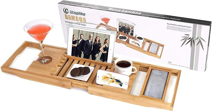 Utoplike Bamboo Bathtub Caddy Tray Bath Tray for Tub, Adjustable Bathroom Bathtub Organizer with ... | Amazon (US)