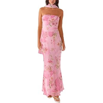 Women Floral Tube Maxi Dress with Scarf Summer Strapless Tube Bodycon Mesh Layer Cocktail Party W... | Amazon (US)