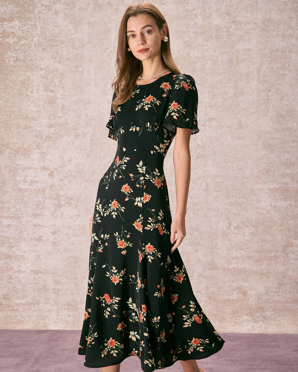 The Black Round Neck Floral Cutout Maxi Dress & Reviews - Black - Dresses | RIHOAS | rihoas.com