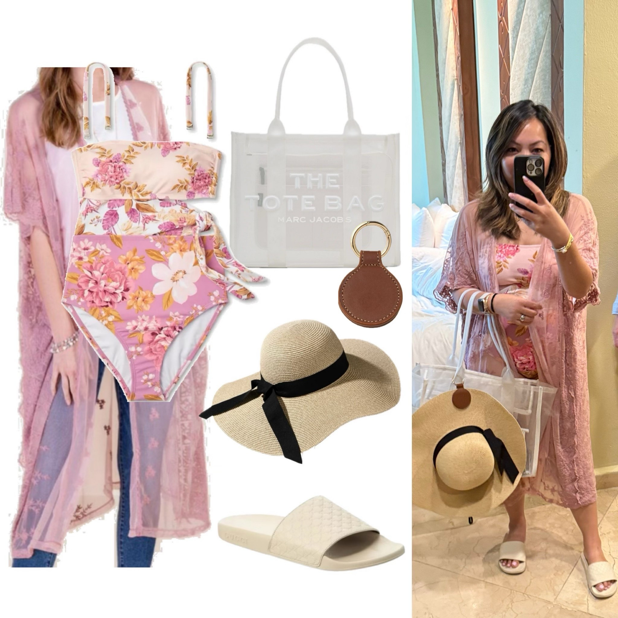Bathing suit 👙 
Cover 
Marc Jacob mesh tote
Gucci slides 🩴 
👒 hat and hat clip - Amazon 

#LTKItBag #LTKShoeCrush #LTKStyleTip