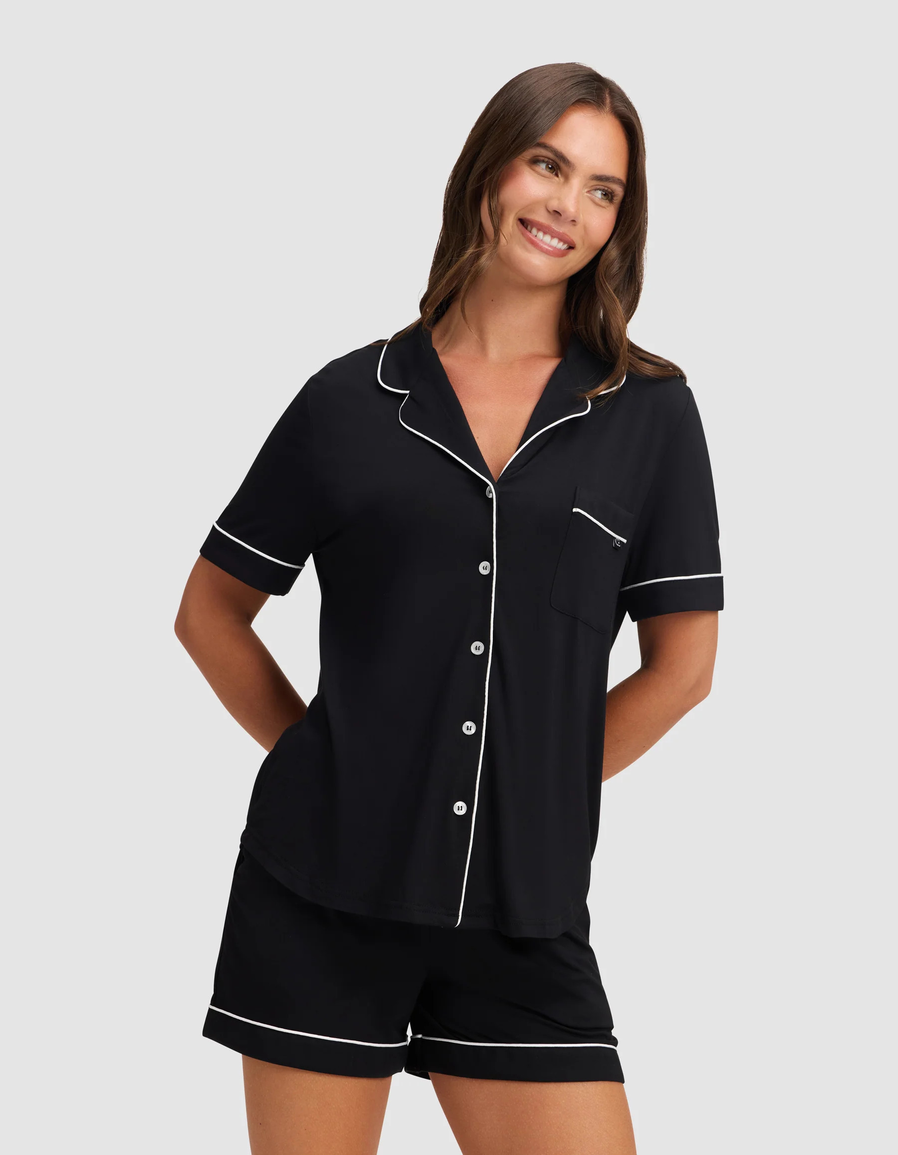 Women's Bamboo Viscose Stretch-Knit Short Sleeve Shirt Pajama Top in Black (Size: Small) - Cozy Earth | Cozy Earth
