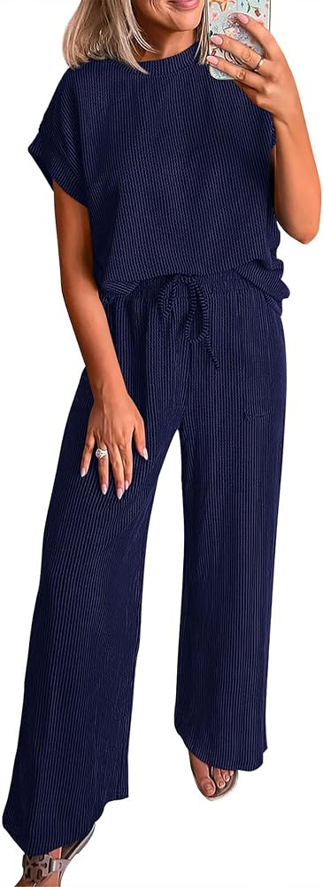 KIRUNDO 2 Piece Sets for Women Dressy Casual Ribbed Knit Short Sleeve Tops Wide Leg Pants Lounge ... | Amazon (US)