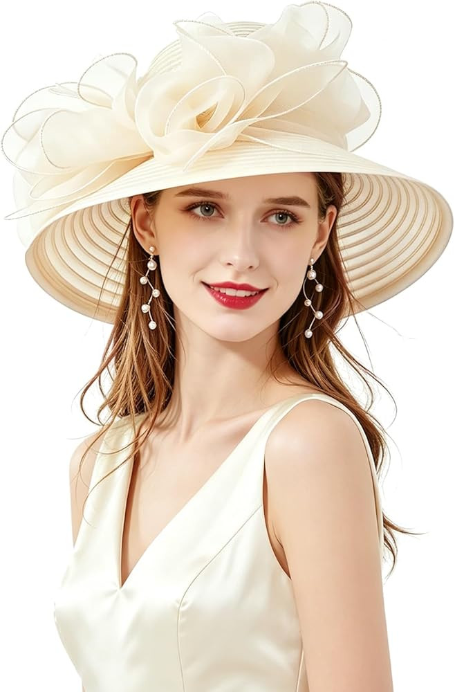 Women Derby Fascinator Hat Organza Church Wedding Hats Wide Brim Cocktail Tea Party Hat | Amazon (US)