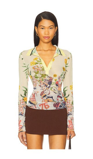 Monse Printed Mesh Polo Top in Lemon. - size XS | Revolve Clothing (Global)