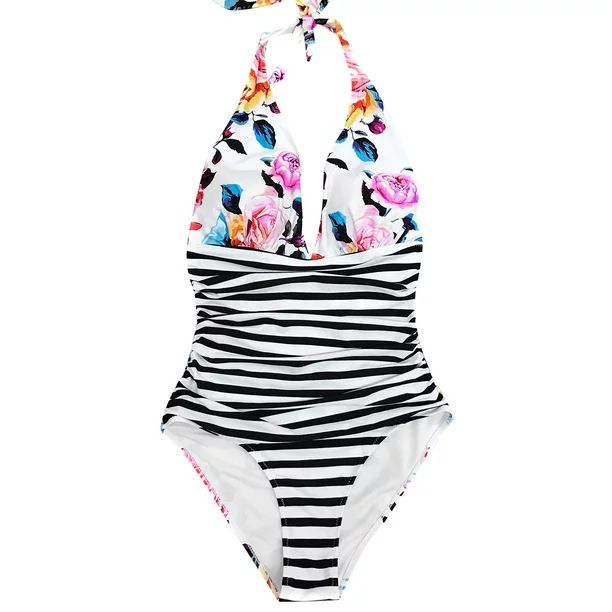 Women's Bold Floral and Stripe Halter One Piece Swimsuit | Seaselfie by Cupshe | Walmart (US)