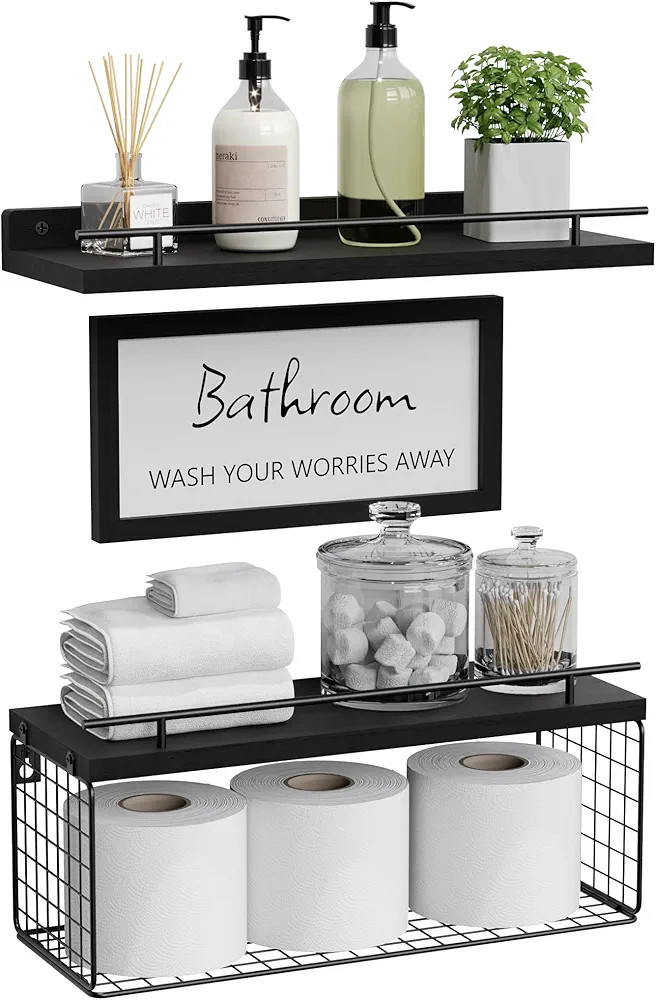 WOPITUES Bathroom Décor Sets, Floating Shelves with Bathroom Wall Décor Sign, Wood Bathroom She... | Amazon (US)